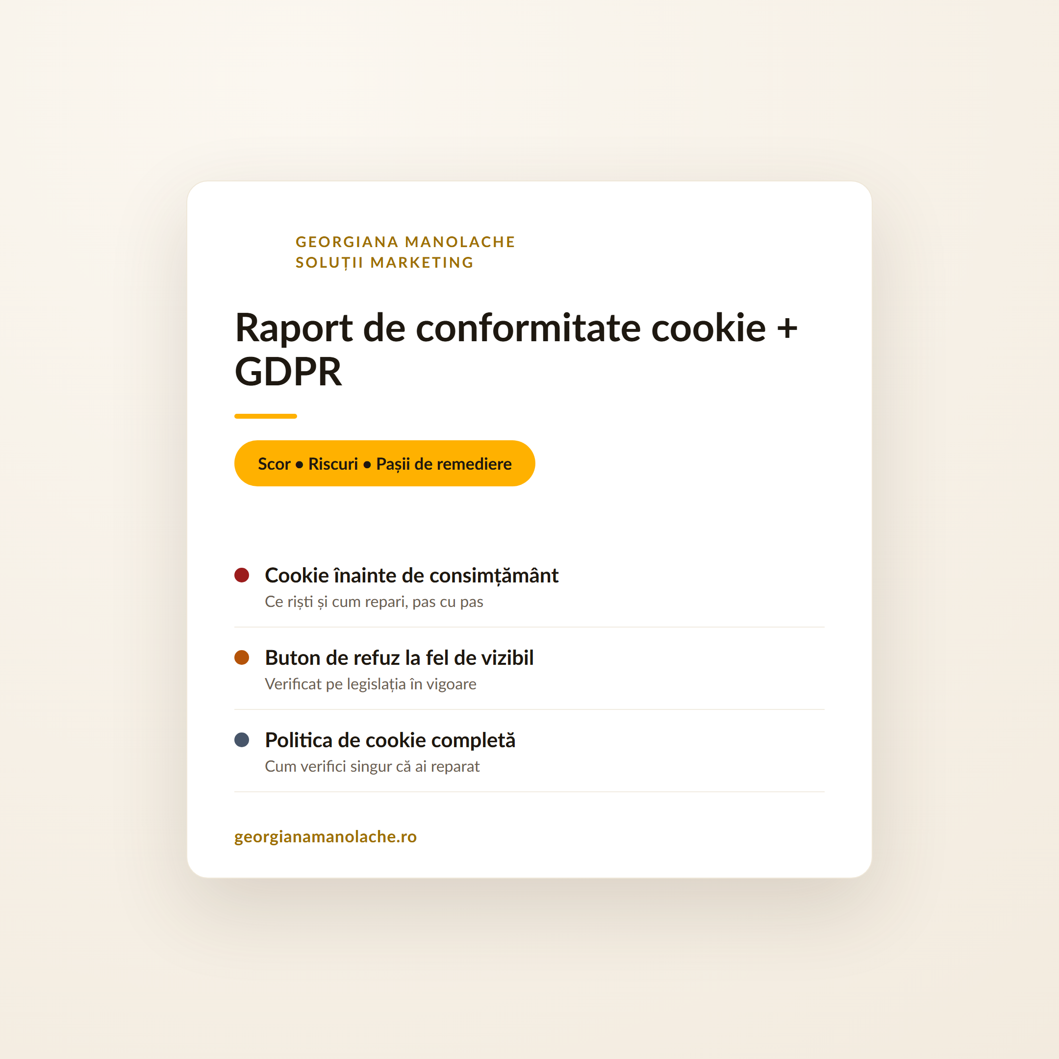 Pagină din raportul de conformitate cookie și GDPR