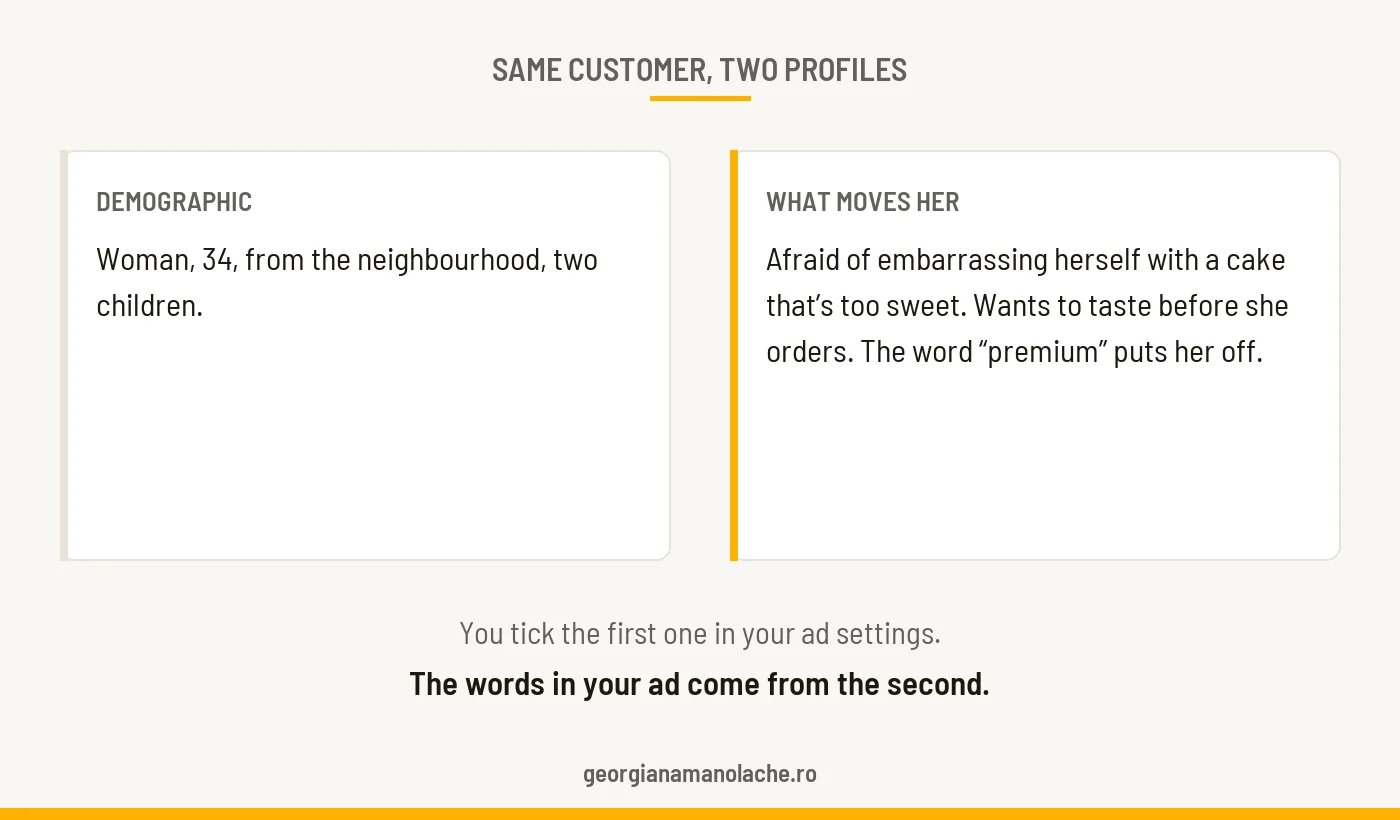 The same cake shop customer described in two ways: demographic data and what actually moves her